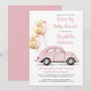 Cute Pink Car Drive By Baby Shower Invitation