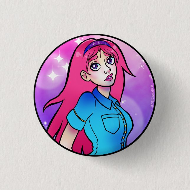 Cute Pink  Cartoon Anime Girl 1 Inch Round Button (Front)