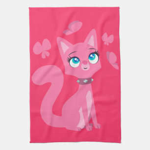 Cute Pink Cartoon Cat and Butterflies Kitchen Towel