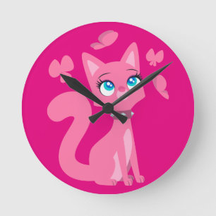 Cute Pink Cartoon Cat and Butterflies Round Clock