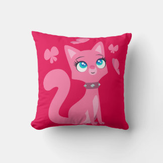 Cute Pink Cartoon Cat and Butterflies Throw Pillow