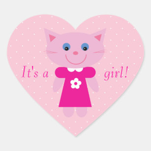 Cute Pink Cartoon Cat Its A Girl New Baby Heart Sticker