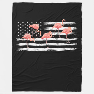 Cute Pink Cartoon Flamingo USA Flag 4th Of July Fleece Blanket
