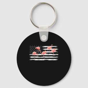 Cute Pink Cartoon Flamingo USA Flag 4th Of July Keychain