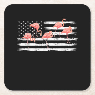 Cute Pink Cartoon Flamingo USA Flag 4th Of July Square Paper Coaster