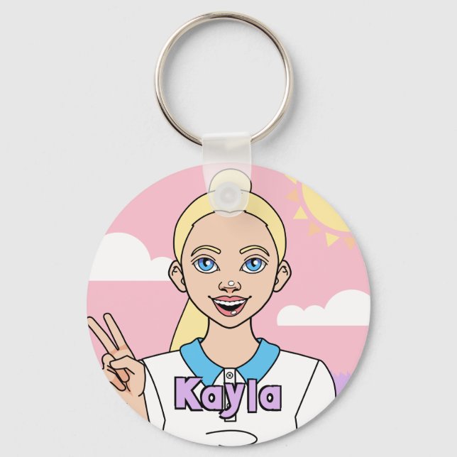 Cute Pink Cartoon Girl School Student Keychain (Front)