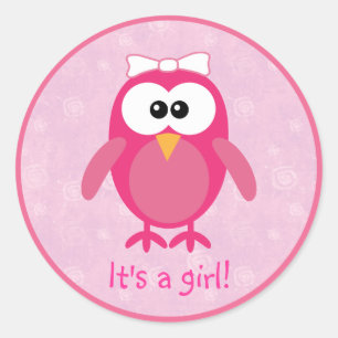 Cute Pink Cartoon Owl Its A Girl New Baby Classic Round Sticker