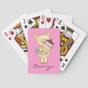Cute Pink Cartoon Pink Ice Cream Cone Monogram Playing Cards