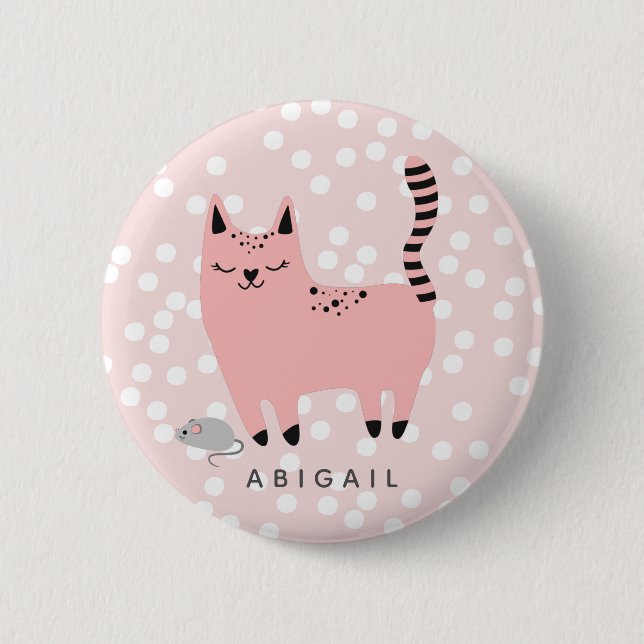 Cute Pink Cat and Polkadots - Personalized Girls  2 Inch Round Button (Front)