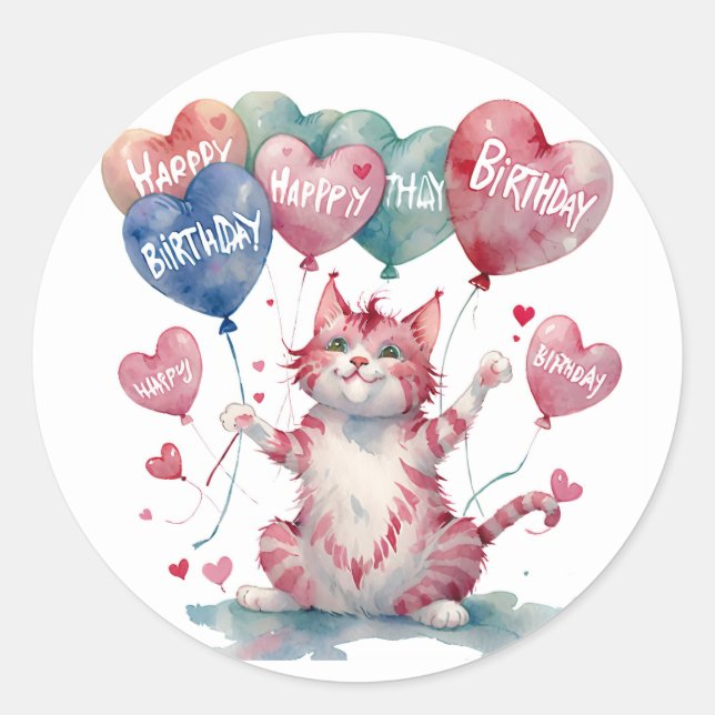 Cute Pink Cat Birthday Cake - Birthday Classic Round Sticker (Front)