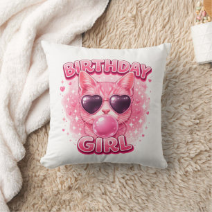Cute Pink Cat Birthday Girl Heart Sunglasses Throw Pillow