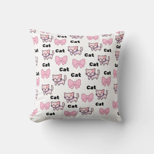 Cute Pink Cat & Bow Pattern Throw Pillow (Front)