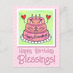 Cute Pink Cat Cake Happy Birthday Blessings  Postcard