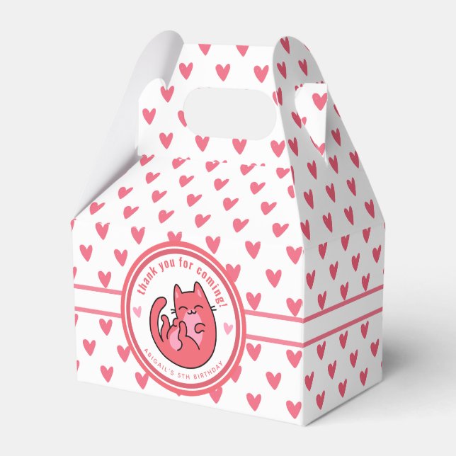 Cute Pink Cat Cartoon - Personalized Kids Birthday Favor Box (Front Side)
