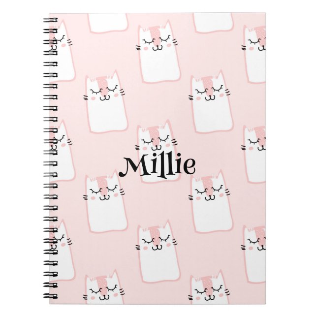 Cute Pink Cat Custom Name School Notebook (Front)