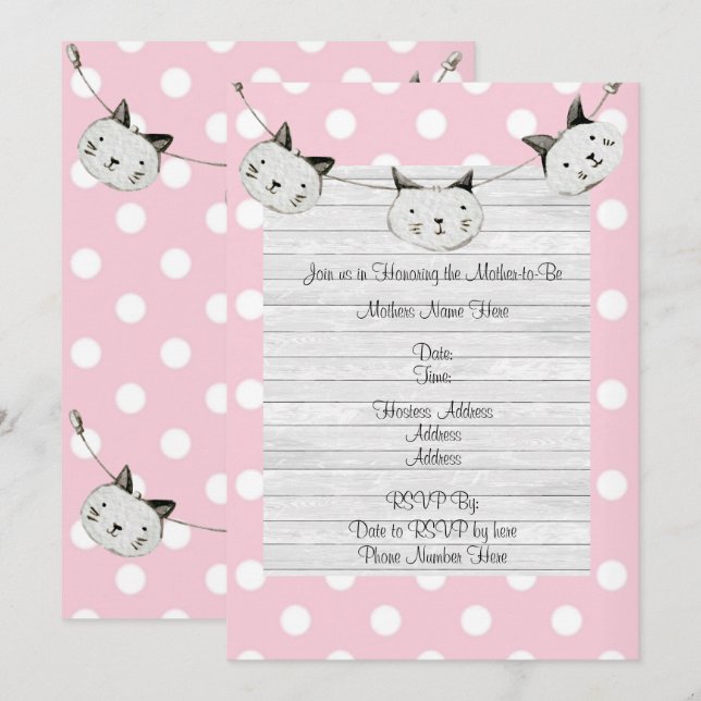 Cute Pink Cat Girl Polka Dot Rustic Baby Shower Invitation (Front/Back)
