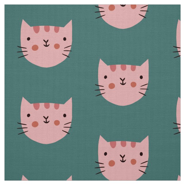 Cute Pink Cat Green Pattern Fabric (Swatch)