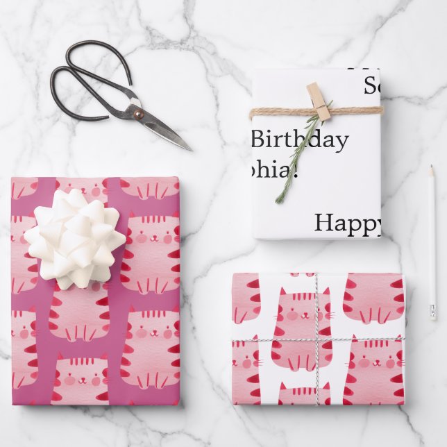 Cute Pink Cat Happy Birthday Personalized Wrapping Paper Sheet (Front)