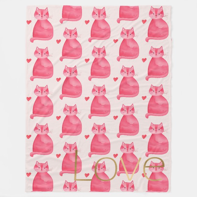 Cute Pink Cat Heart Gold Love Fleece Blanket (Front)