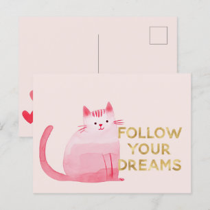 Cute Pink Cat Hearts Gold Follow Dreams Postcard