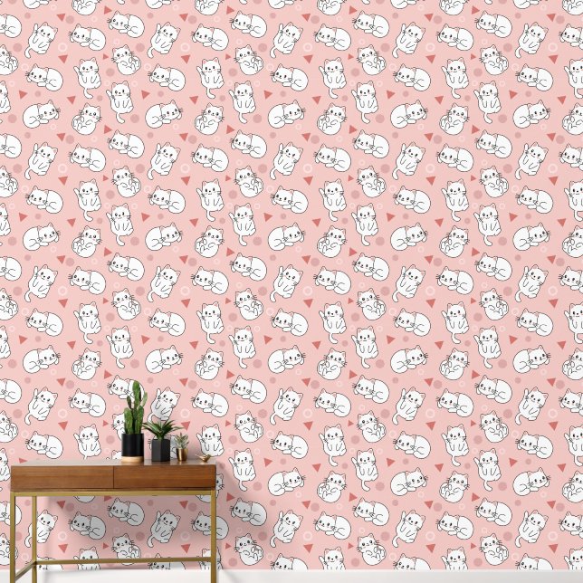 Cute Pink Cat Pattern Wallpaper (Hallway)