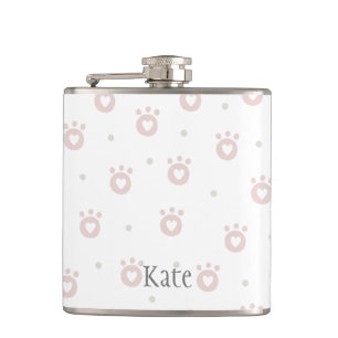Cute Pink Cat Paws with Hearts Personalized Hip Flask