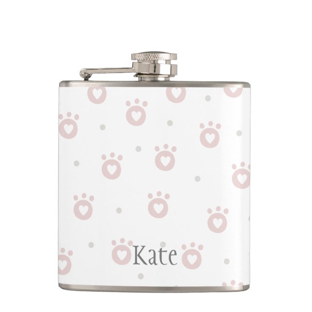 Cute Pink Cat Paws with Hearts |  Personalized Hip Flask (Front)