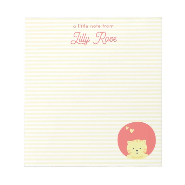 Cute Pink Cat Personalized Yellow Striped Girls  Notepad (Front)