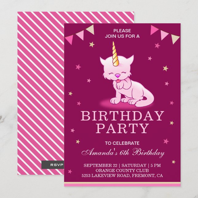 Cute Pink Cat Unicorn Birthday Party Invitation (Front/Back)