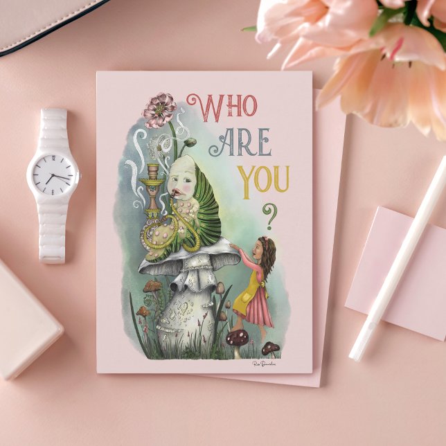 Cute Pink Caterpillar in Alice in Wonderland Art (Pastel Pink Alice in Wonderland Card with the Caterpillar Smoking a Hookah Pipe on a Mushroom)