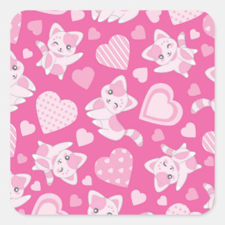 Cute Pink Cats And Hearts Square Sticker