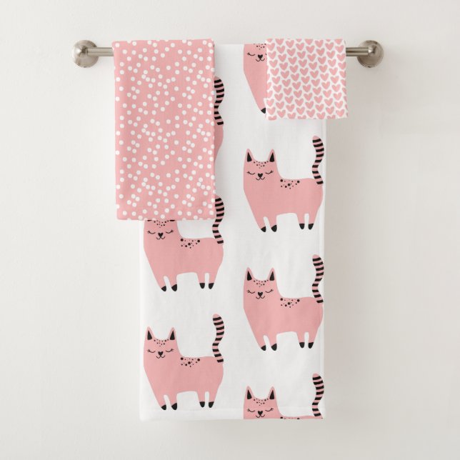 Cute Pink Cats, Hearts and Polkadots Bath Towels (Insitu)
