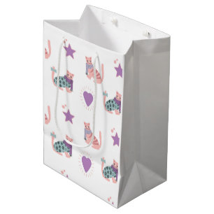 Cute pink cats with hearts and stars pattern medium gift bag