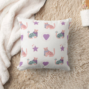 Cute pink cats with hearts and stars pattern throw pillow
