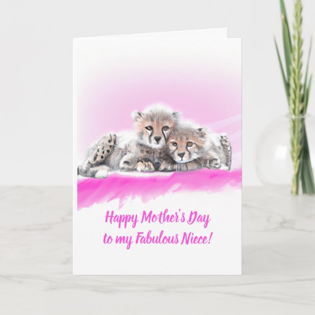 Cute Pink Cheetah Cubs Fabulous Niece Mother's Day Card (Front)
