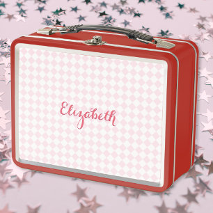 Cute Pink Chequered Monogrammed Girls Kids School Metal Lunch Box
