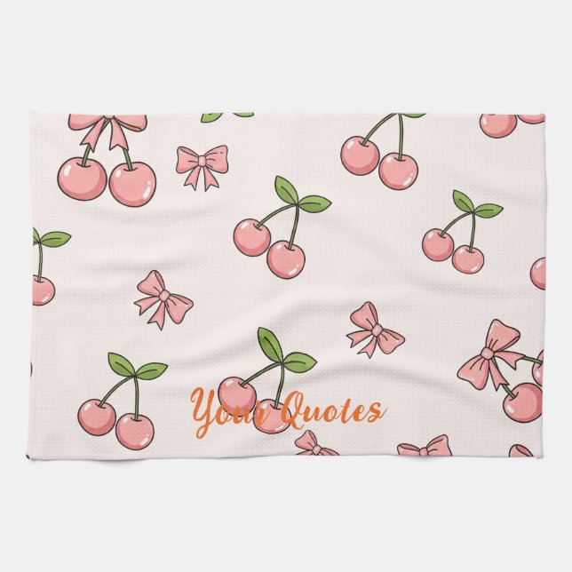 Cute Pink Cherries & Bows Seamless Pattern Kitchen Towel (Horizontal)