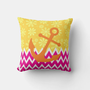 Cute Pink Chevrons With Girly Orange Anchor Throw Pillow