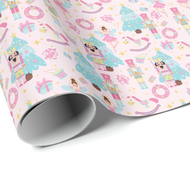 Cute Pink Christmas Ballerinas and Nutcrackers Wrapping Paper (Roll Corner)
