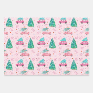 Cute Pink Christmas Car Tree Seamless Pattern Wrapping Paper Sheet