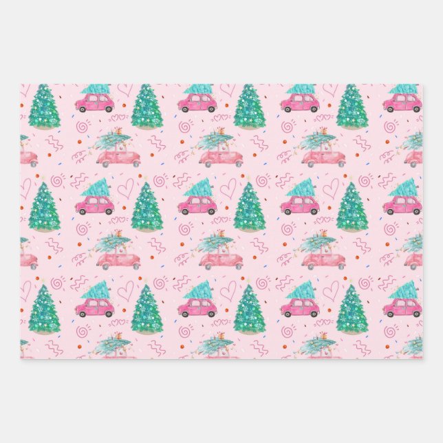 Cute Pink Christmas Car Tree Seamless Pattern Wrapping Paper Sheet (Front)