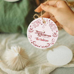 Cute pink christmas doodle custom family name favour tags