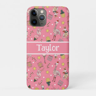 Cute Pink Christmas Flamingo and Pineapple Pattern iPhone 11 Pro Case