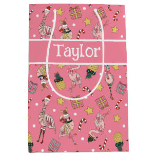 Cute Pink Christmas Flamingo and Pineapple Pattern Medium Gift Bag