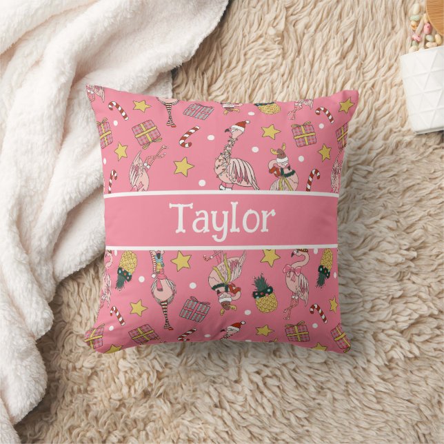 Cute Pink Christmas Flamingo and Pineapple Pattern Throw Pillow (Blanket)