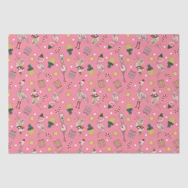 Cute Pink Christmas Flamingo and Pineapple Pattern Tissue Paper (Front)