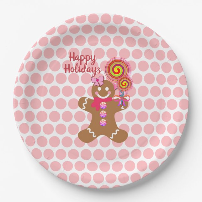 Cute Pink Christmas Gingerbread Girl Holiday Paper Plate (Front)
