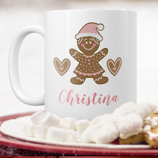 Cute Pink Christmas Gingerbread Girl Mug (A cute gingerbread cookie Christmas mug. Personalize it with your name)