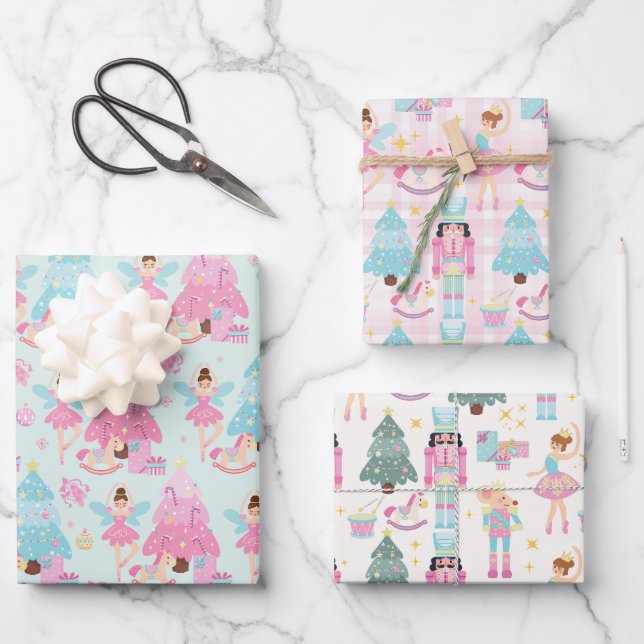 Cute Pink Christmas Nutcracker Ballerinas Wrapping Paper Sheet (Front)