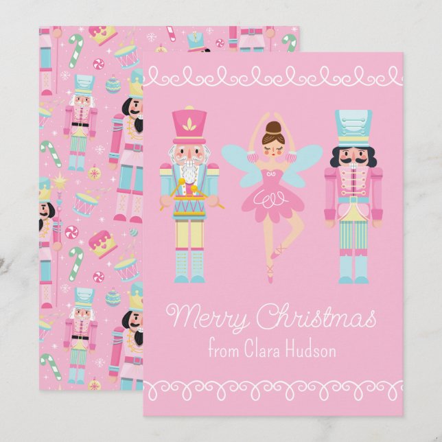 Cute Pink Christmas Nutcracker Holiday Card (Front/Back)